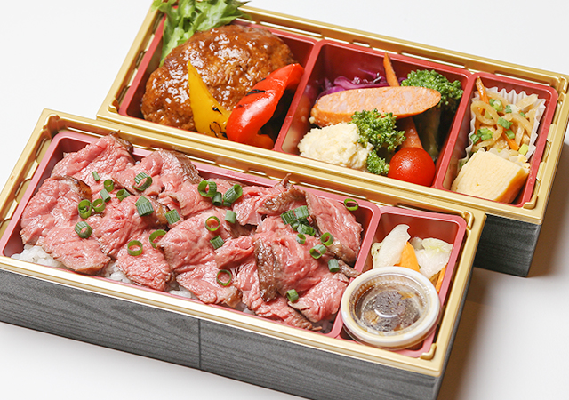 こだわりハンバーグとローストビーフ丼の豪華2段重弁当